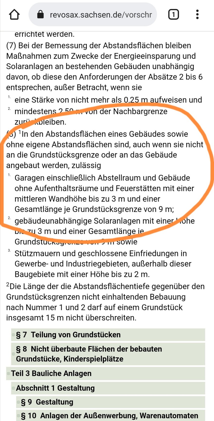 Auszug aus Baugesetz: Abstandsflächenregelung für Garagen und Solarinstallationen (orange umrandet).