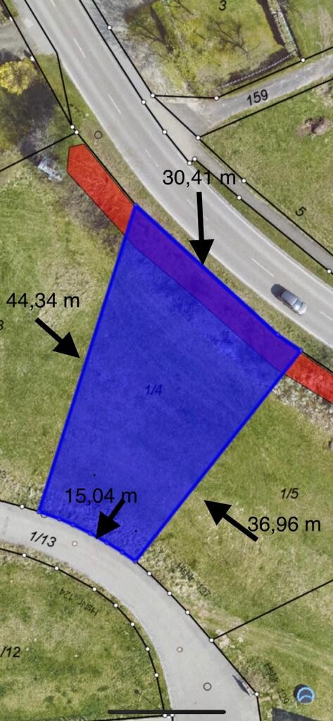Lageplan: Blaues Polygon-Grundstück mit rotem Randstreifen; umliegende Straßen und Maße.