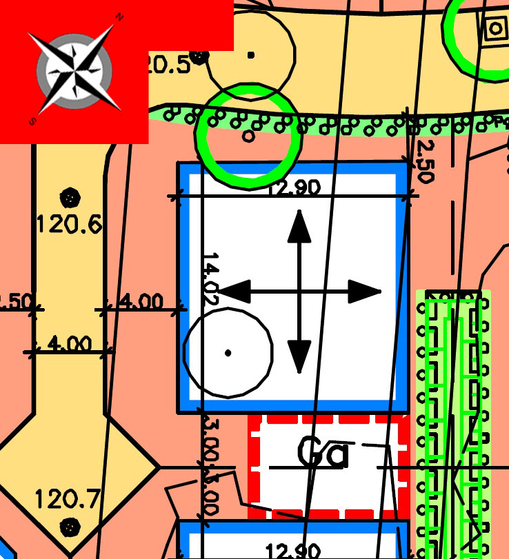 Detaillierter Bauplan mit Grundriss, Messlinien und Kompassorientierung