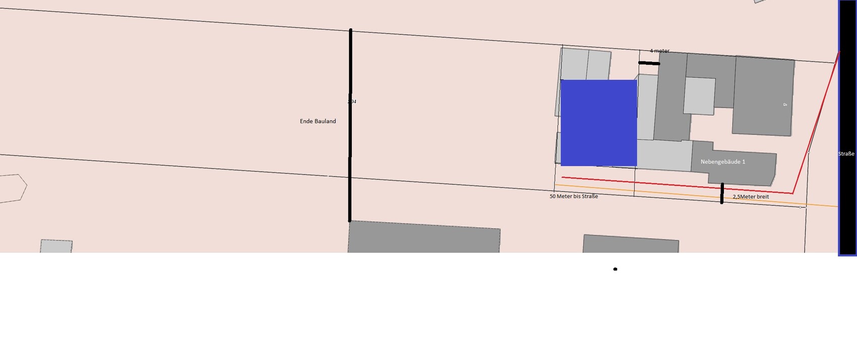 Lageplan eines Baugrundstücks mit Gebäudestrukturen, Grenzlinien und Zufahrtswegen.