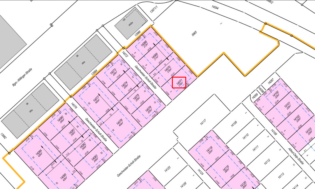 Lageplan eines Baugebiets: pink Parzellen, orange Route, rotes Quadrat markiert eine Parzelle.