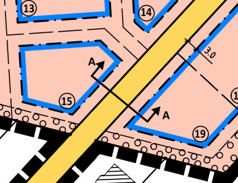 Lageplan eines Baugrundstücks mit Parzellen, blauen Grenzen und gelber Straße.