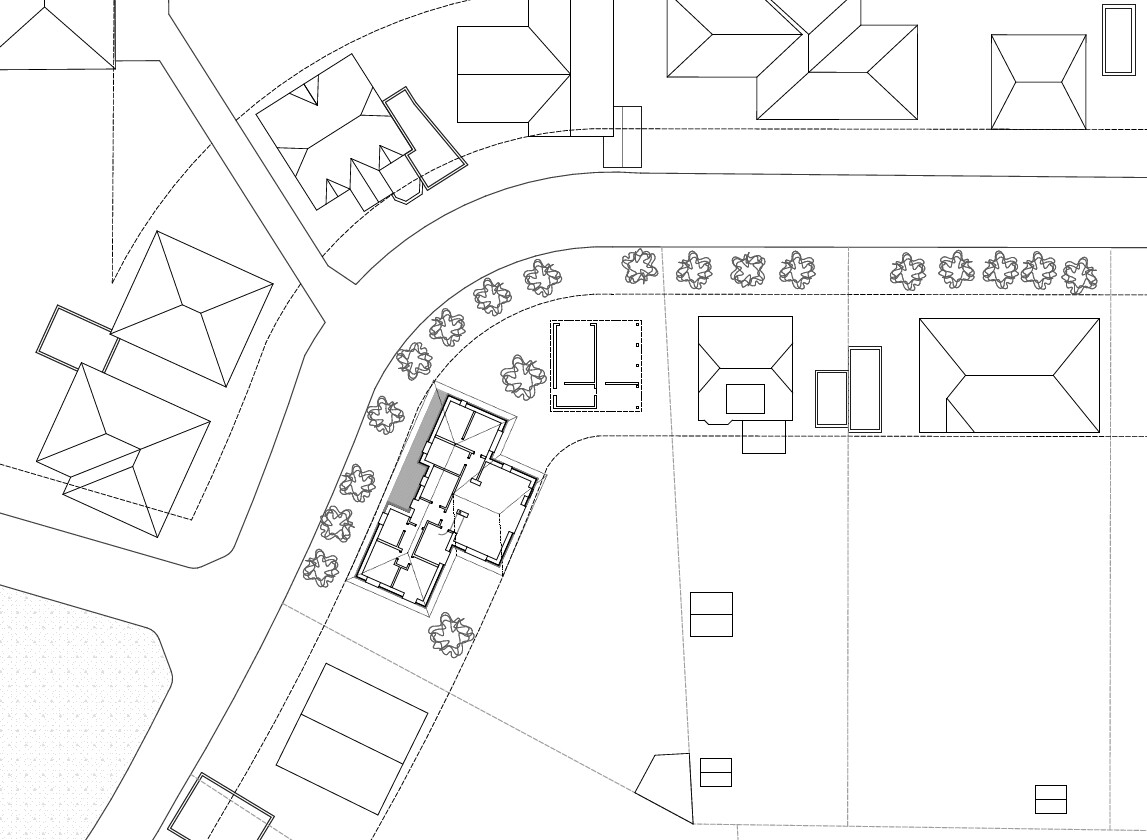 Lageplan eines Wohnviertels mit Straßen, Häusern, Wegen und Bäumen.