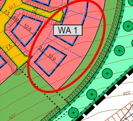 Lageplan eines Baugrundstücks mit rot umrandeter Parzelle WA 1