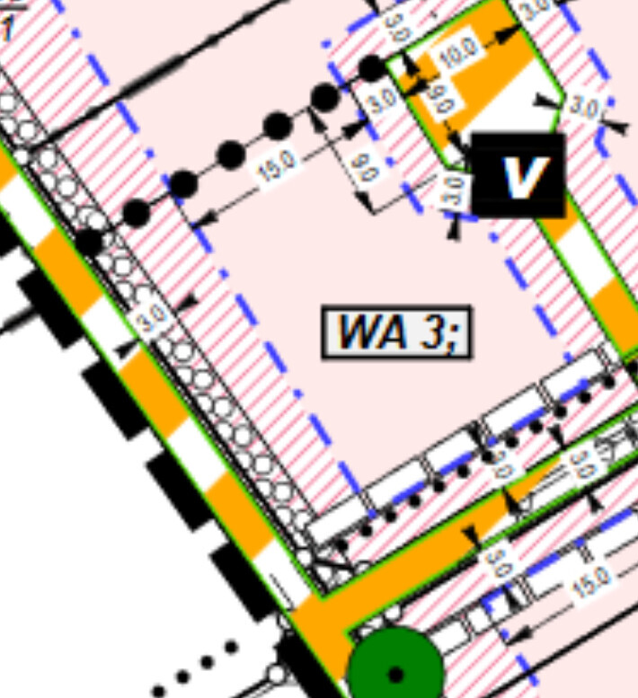 Architektonischer Bauplan mit Grundrisslayout, Maßlinien und WA3 Beschriftung