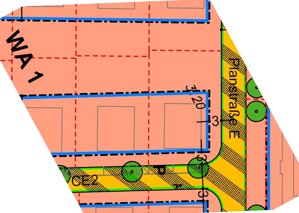 Lageplan eines Bauprojekts mit Grundstücksgrenzen, Gebäudeflächen und Zufahrtswegen