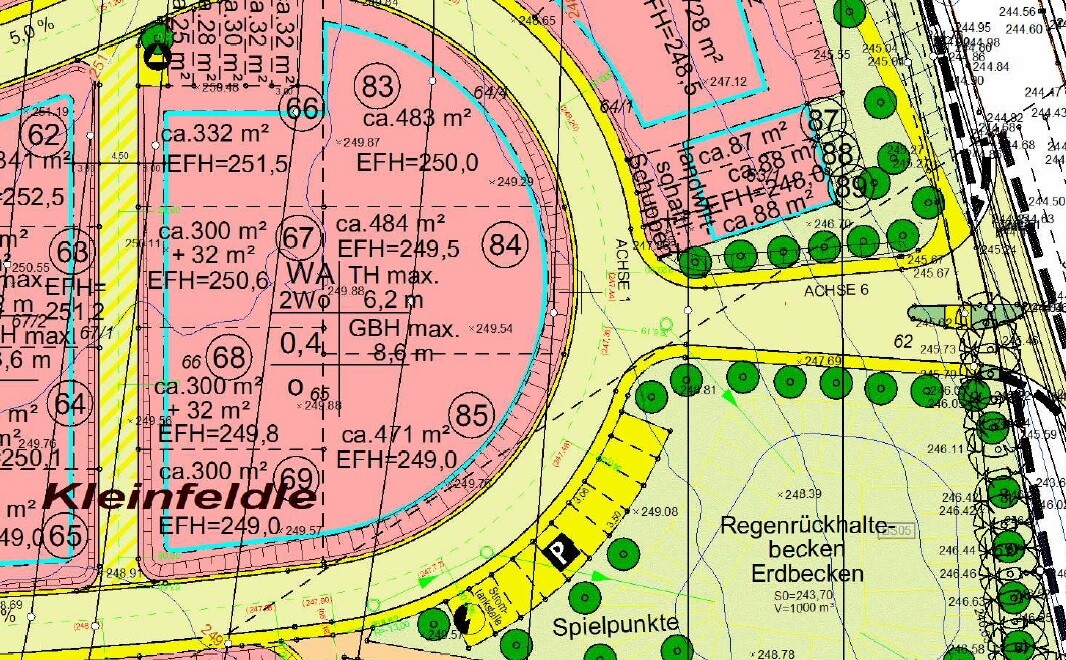 Lageplan eines Spiel- und Freiraumgeländes: pinke Kreisflächen, gelbe Wege, grüne Bäume, Beschrift.