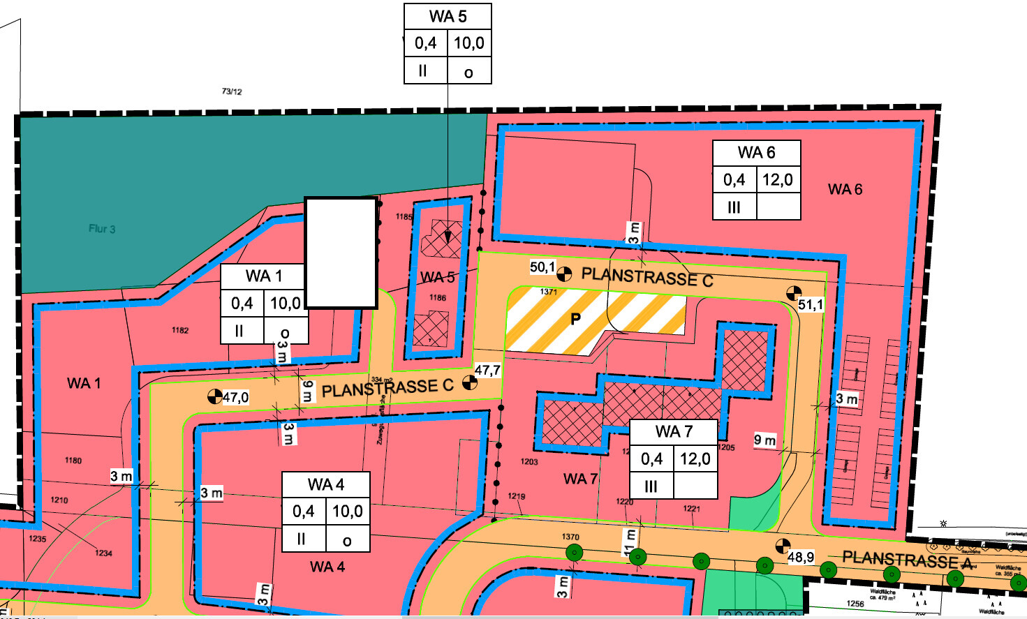 Lageplan eines Baugebiets mit Zonen WA 1-7, Planstrasse C/A, farbcodiert.