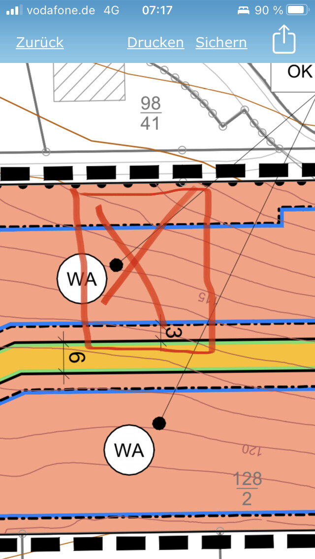 Geologisches Querprofil mit rosafarbener Schicht, blaue Linien, rotes Rechteck, WA Kreise