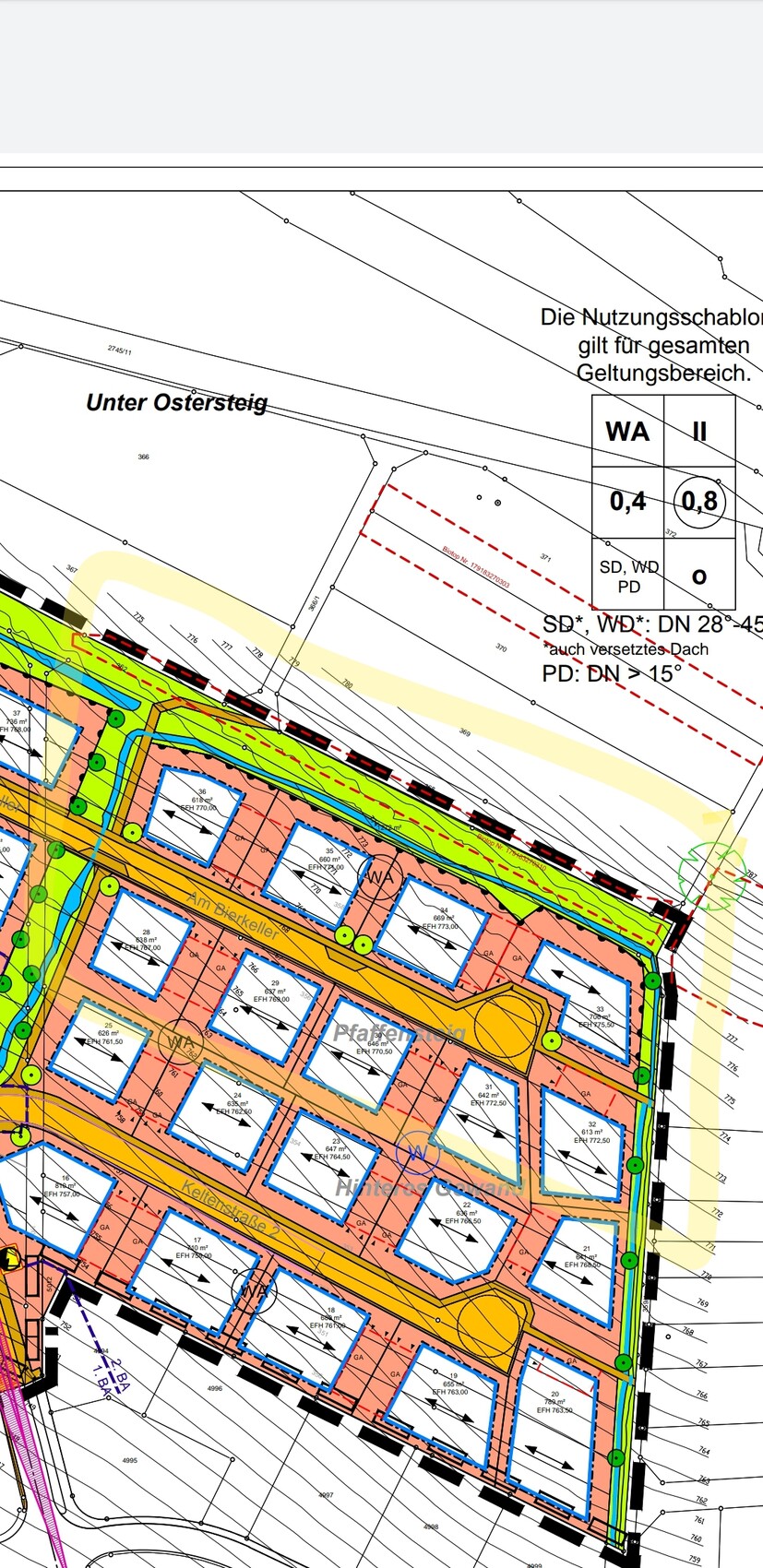 Lageplan einer Siedlung mit blauen Grundstücksrahmen, Straßen und Grünflächen.