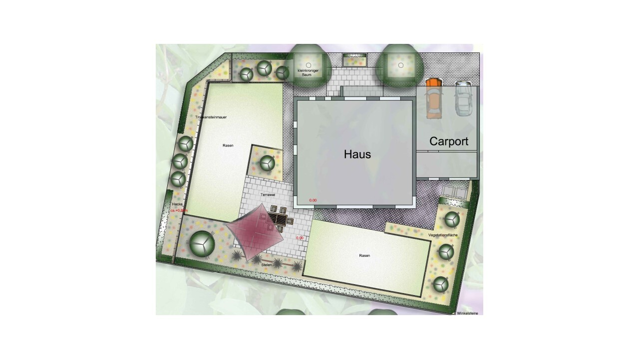 Grundriss eines Gartenplans mit zentralem Haus, Carport rechts, Terrassen und Rasenflächen, Bäume.
