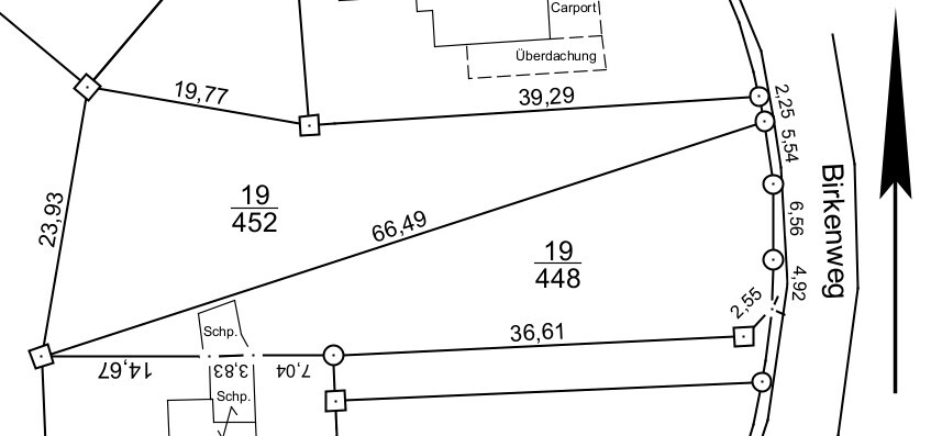 Lageplan eines Grundstücks mit Parzellen 19/452 und 19/448 am Birkenweg.