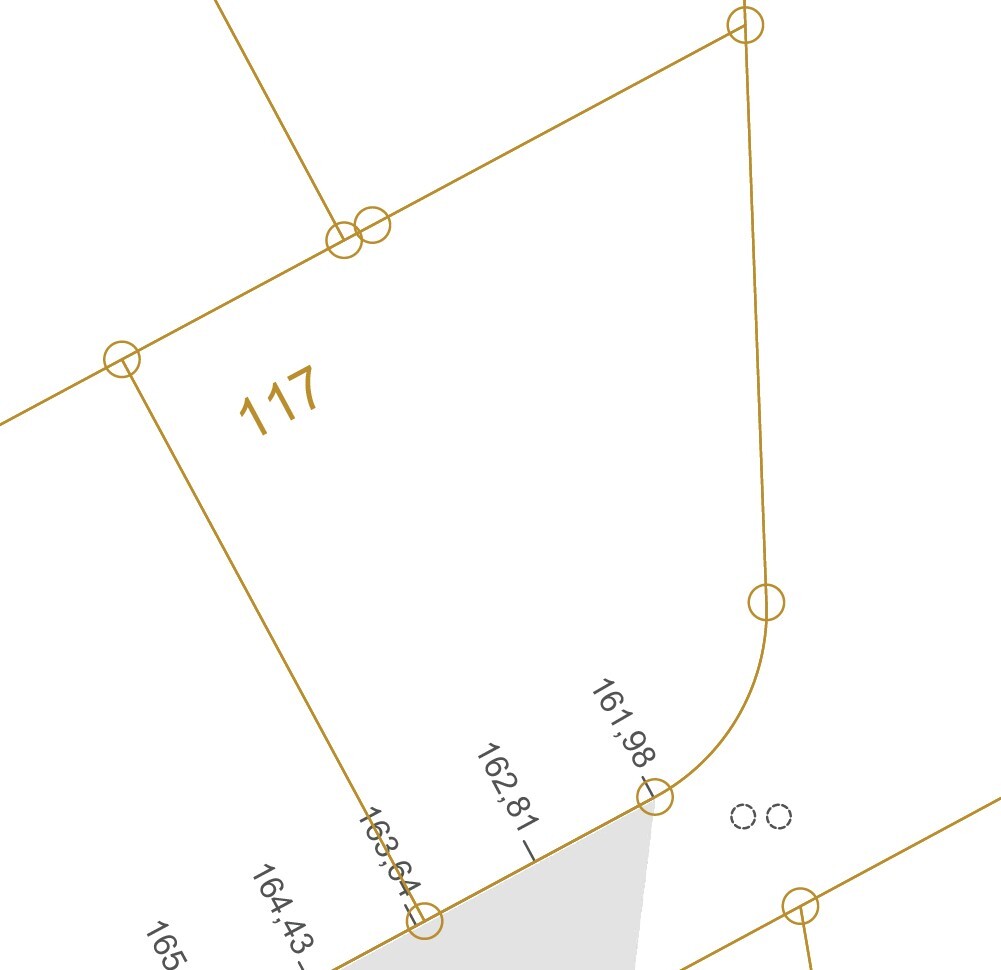 Technische Zeichnung mit goldenen Linien, Kreisen an Kanten und Maßzahlen (117, 161,98).