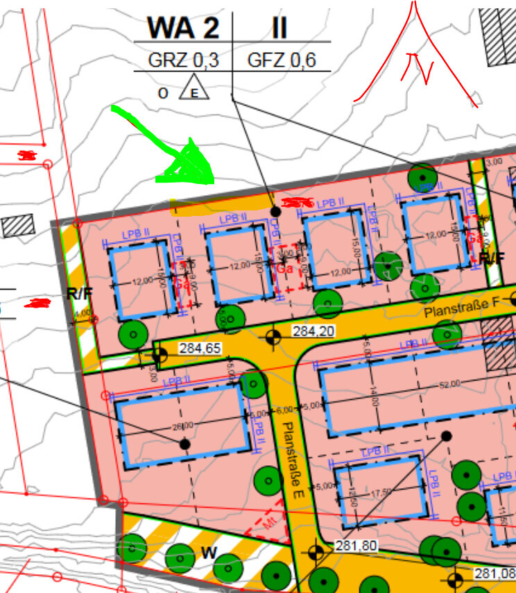 Lageplan eines Baugebiets: Grundstücke, Straßen, Gebäude-Grundrisse und Grünflächen.