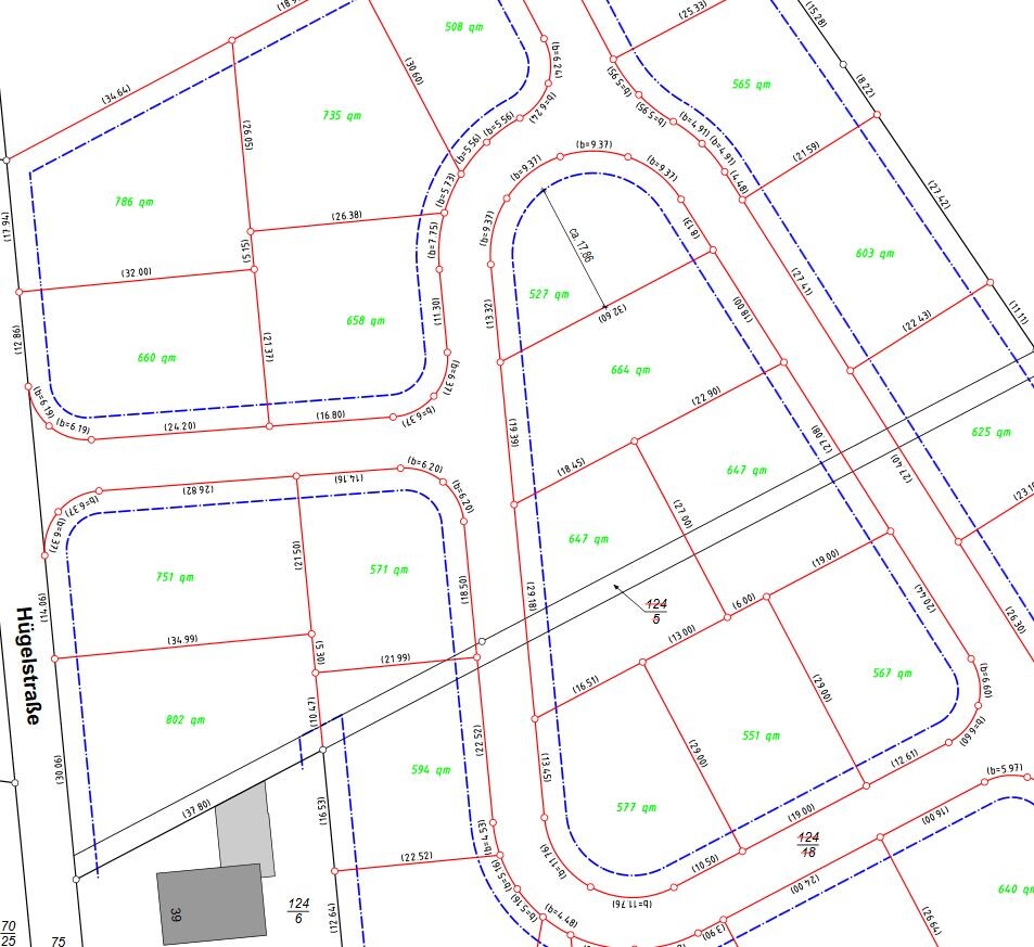 Lageplan mit Parzellen, Größenangaben in qm und Straßenverlauf