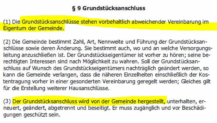 Rechtstext zum Grundstücksanschluss mit markierten Abschnitten