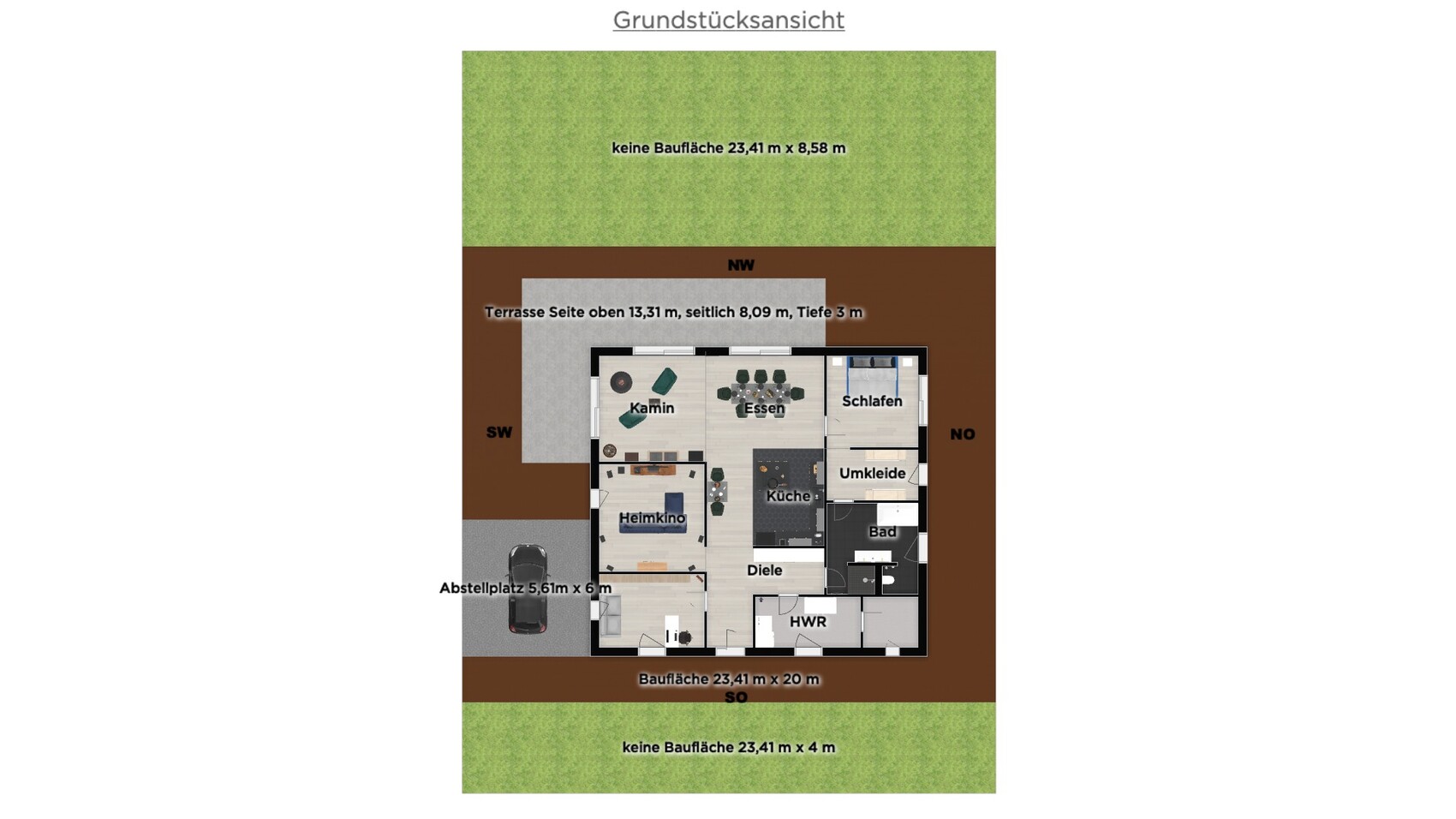 Grundriss eines Hauses mit Kamin, Essen, Schlafen, Küche, Bad, Terrasse und Abstellplatz