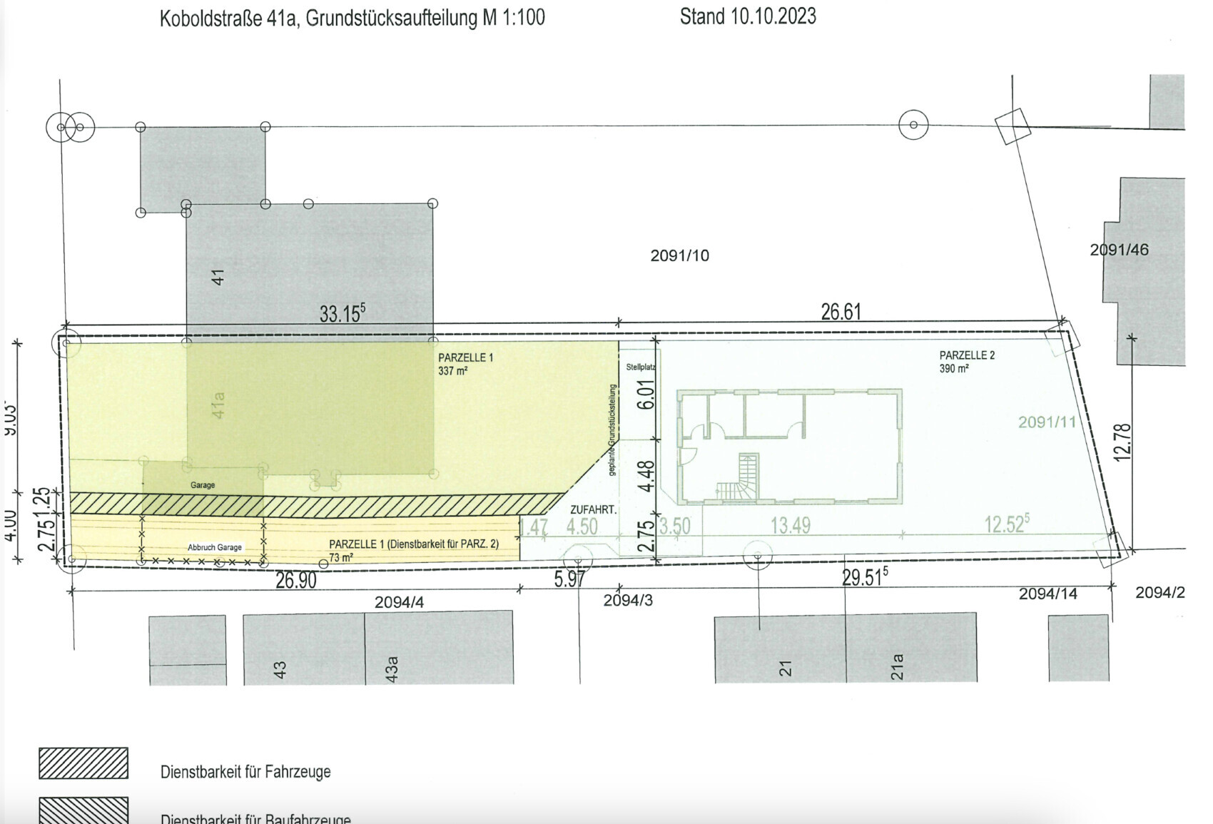 Lageplan Koboldstraße 41a: Parzellen 1 und 2 mit Gebäuden, Garage und Stellplätzen; Maße angegeben.