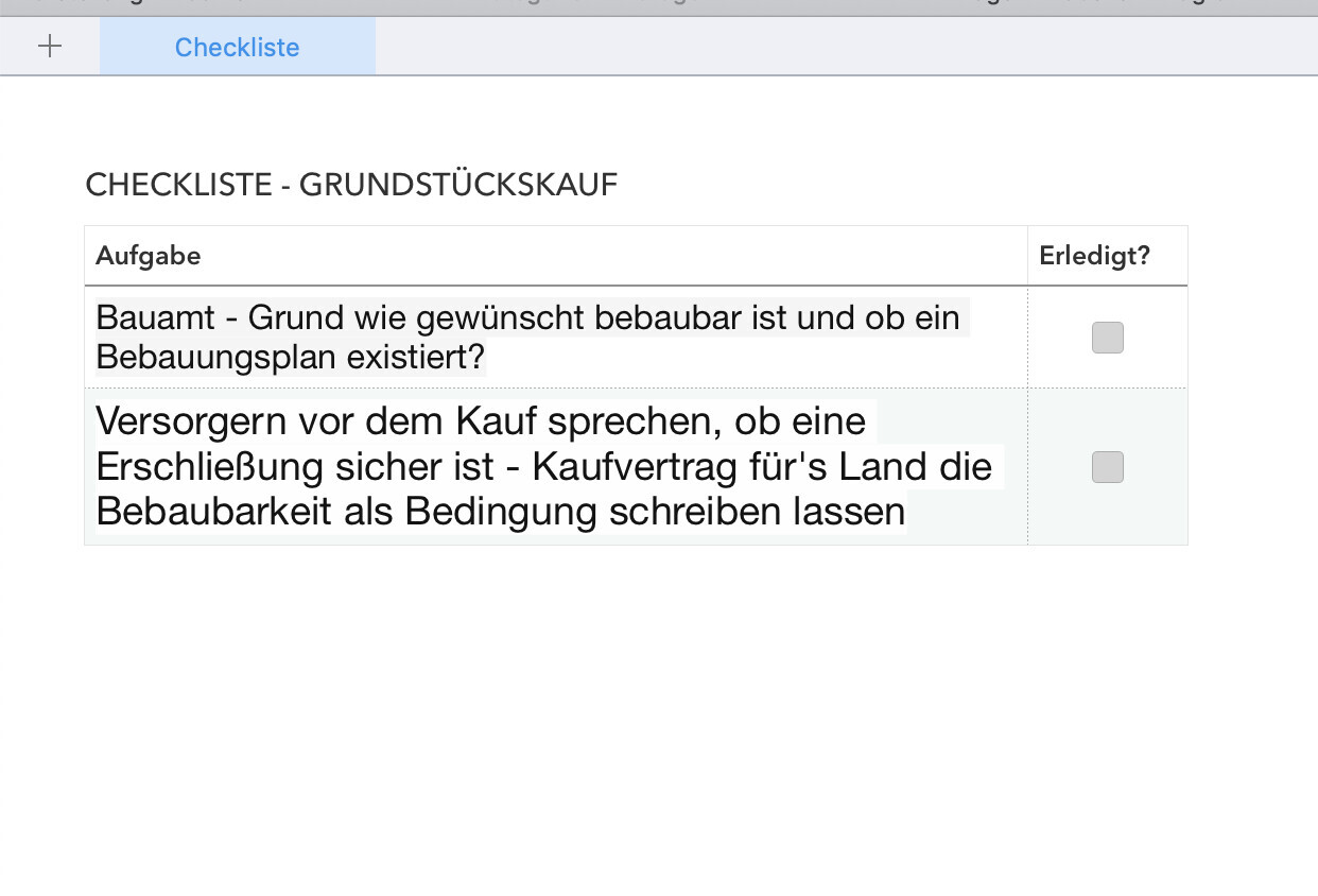 Checkliste Grundstückskauf: zwei Aufgaben mit Erledigt-Kästchen