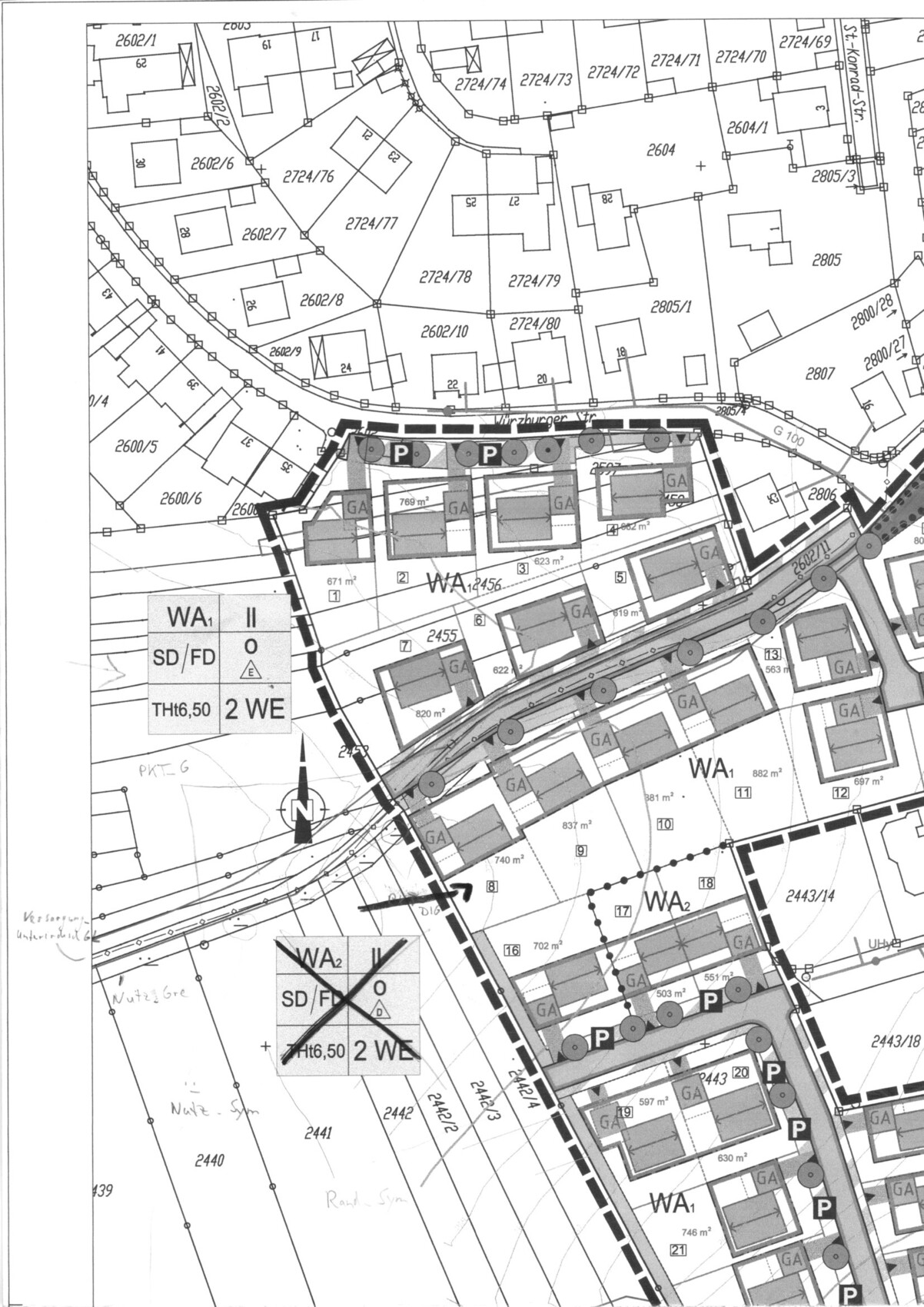 Lageplan eines Baugebietes mit Grundstücksgrenzen, Straßennetzen und Gebäuden.