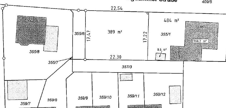 Lageplan: Parzellen 355/6, 355/7, 355/8; 389 m²; Gebäude markiert.