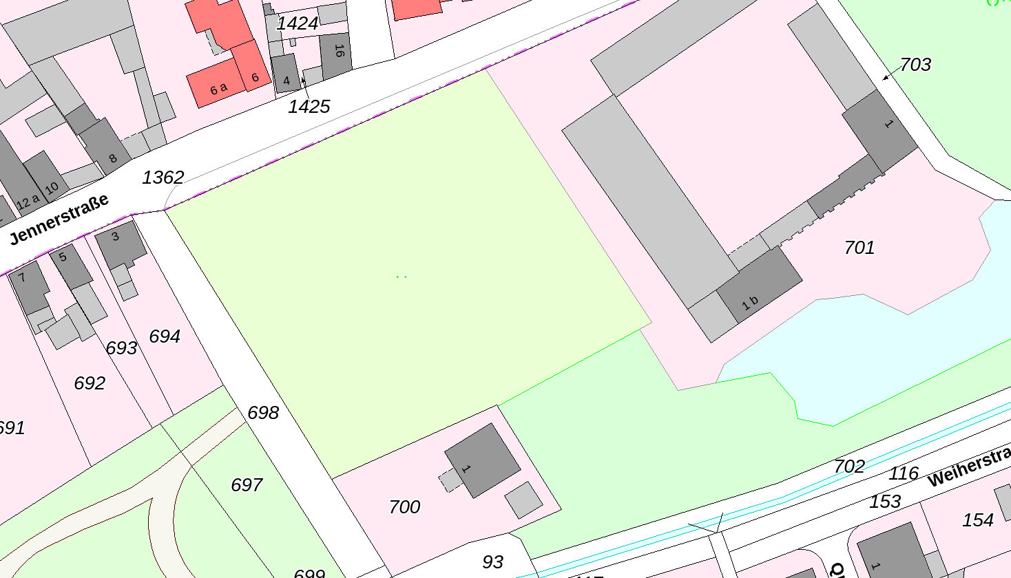Lageplan: Jennerstraße mit Parzellen (Nrn. 1362, 701, 698), Gebäude in Grau und Grünflächen.