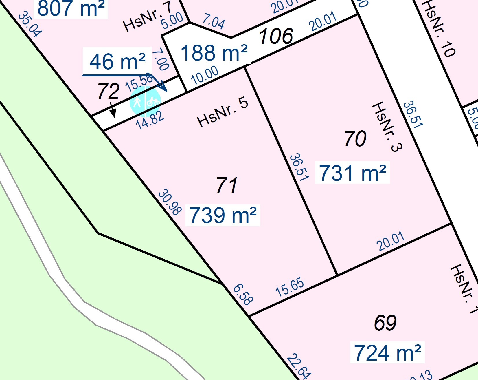 Lageplan mit nummerierten Parzellen und Flächenangaben