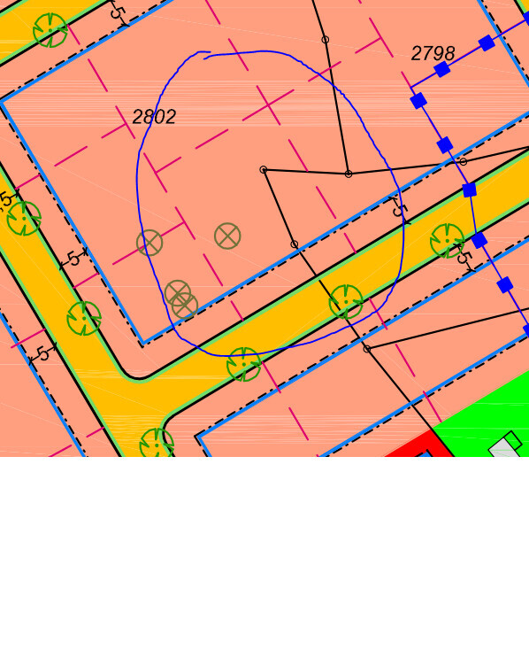 Bauplan mit orange Parzellen, gelber Straße, blaue Umrisse, grüne Kreise, Nummern 2802/2798