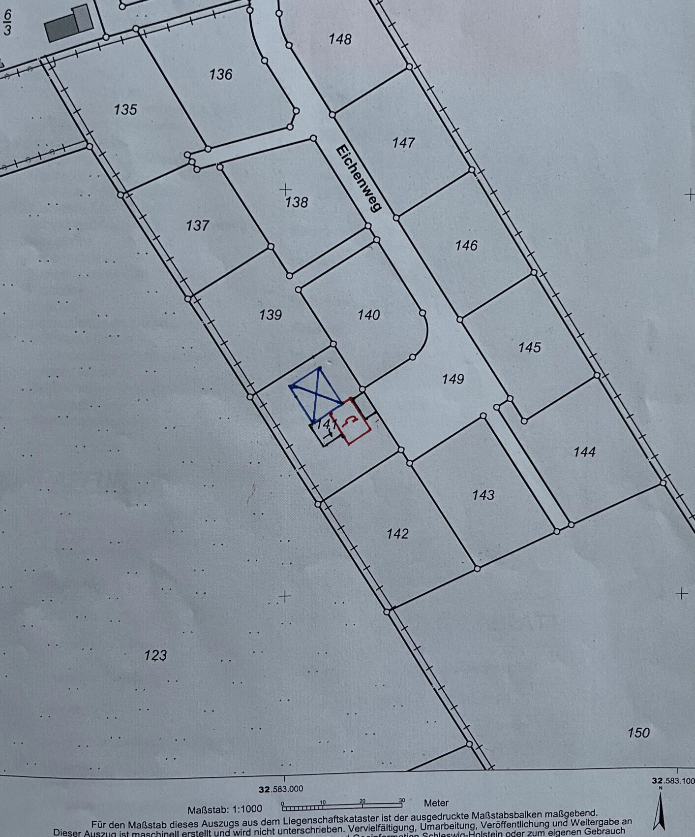 Lageplan der Parzellen 135–150 am Eichenweg; Markierung 141 Blau/Rot.