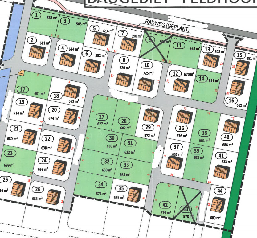 Lageplan mit nummerierten Grundstücken und Gebäudesymbolen