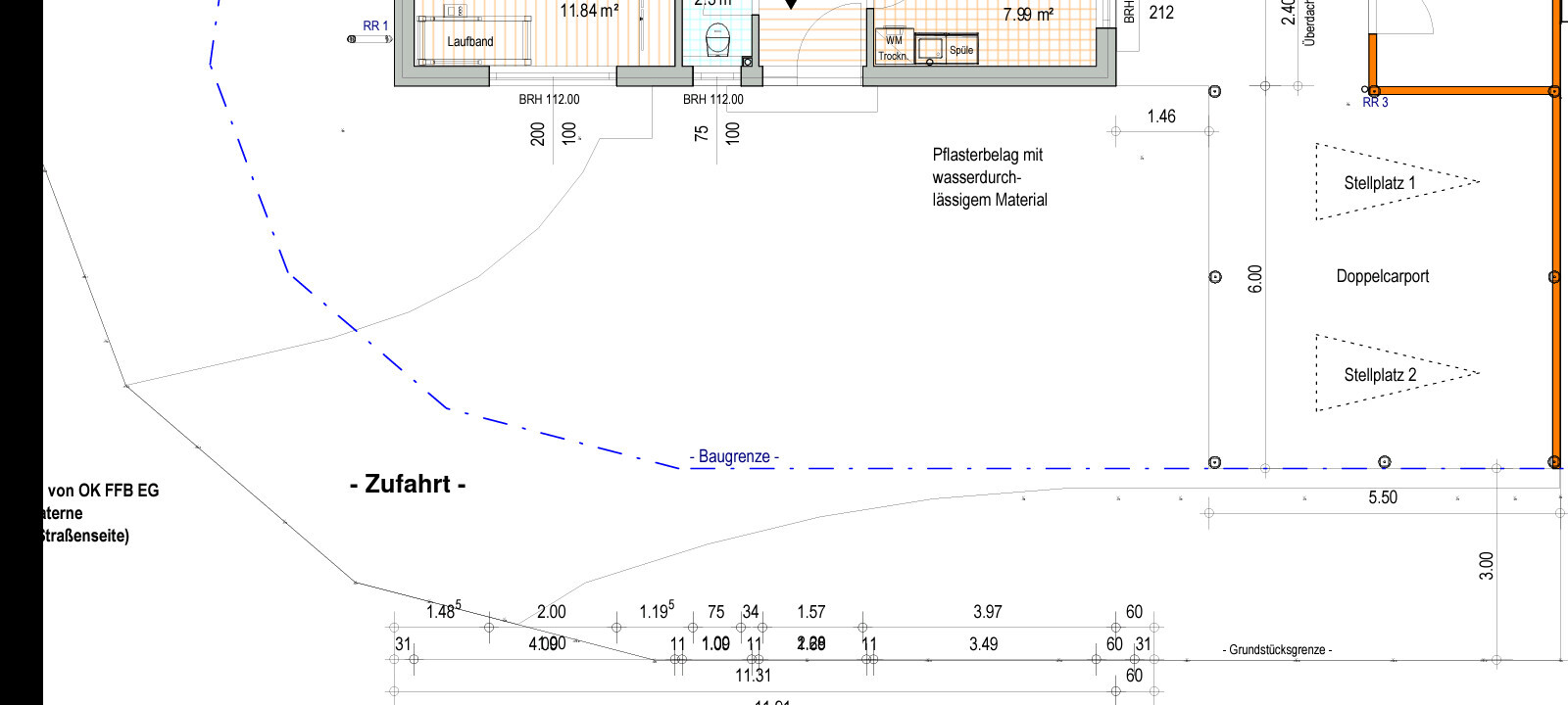 Zufahrt mit Baugrenze, Stellplätze 1–2, Doppelcarport, wasserdurchlässiger Belag