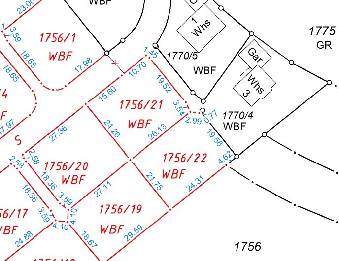 Lageplan mit roten Parzellenumrissen und Parzellenkennzeichnungen
