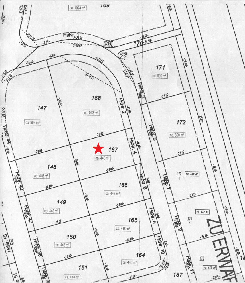 Lageplan eines Baugebiets mit Parzellen; rote Sternmarkierung auf Parzelle 167 (ca. 448 m²).