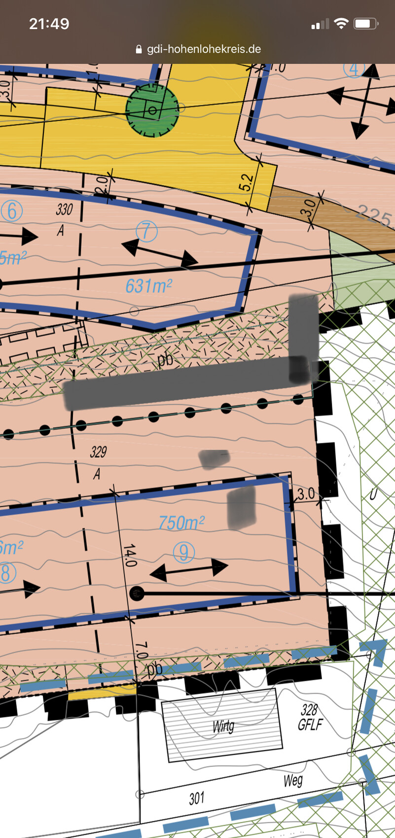 Lageplan mit nummerierten Parzellen, blauen Grenzlinien, Flächenangaben (m²) und Wegen.