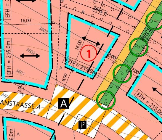 Lageplan: pinkfarbene Parzellen mit blauen Umrissen, gelb-weiß gestrichelte Zone A/P-Marker, Bäume.