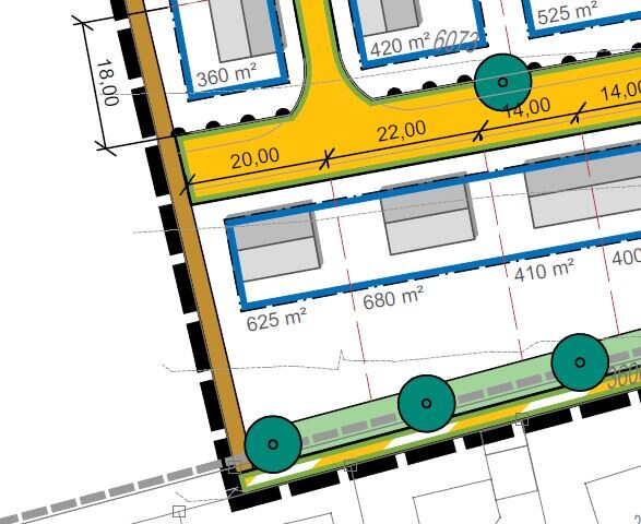 Lageplan eines Baugebiets mit Straßen, Gebäude, Grünflächen und Bäumen; Maßangaben.