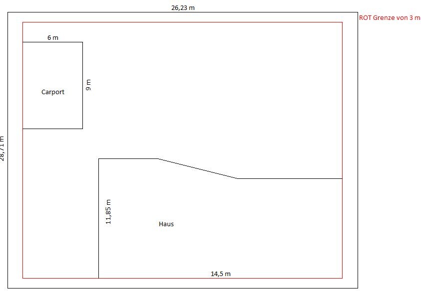 Grundstücksplan mit Haus- und Carport-Grundriss und Randabmessungen