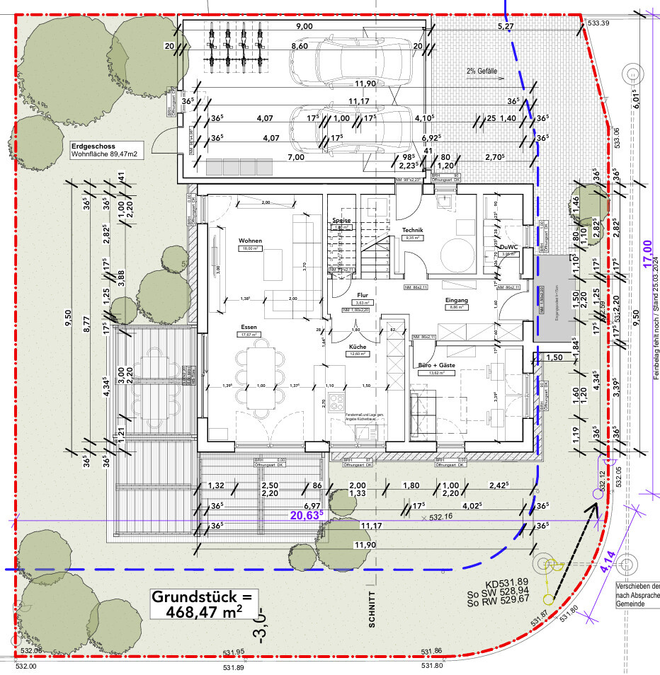 Grundriss eines Einfamilienhauses mit Garage, Terrasse und Garten, Grundstück 468,47 m2.
