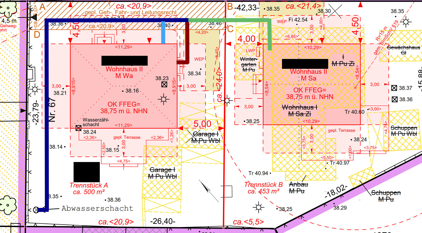 Bauplan: Zwei Wohnhäuser, Garten, Terrassen, Garagen, Trennstücke A/B.