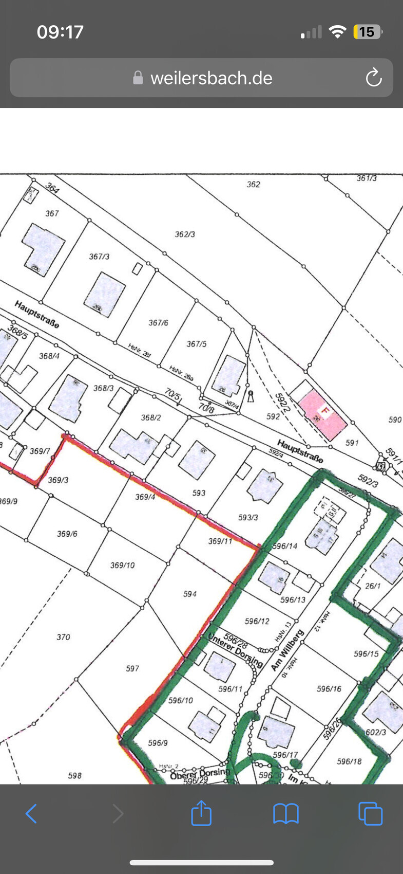 Katasterkarte mit Parzellenzahlen, Hauptstraße; rote und grüne Grundstücksgrenzen.