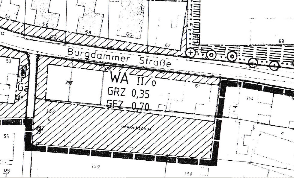 Lageplan: Grundstück an Burgdammer Straße mit WA II/0, GRZ 0,35, GFZ 0,70