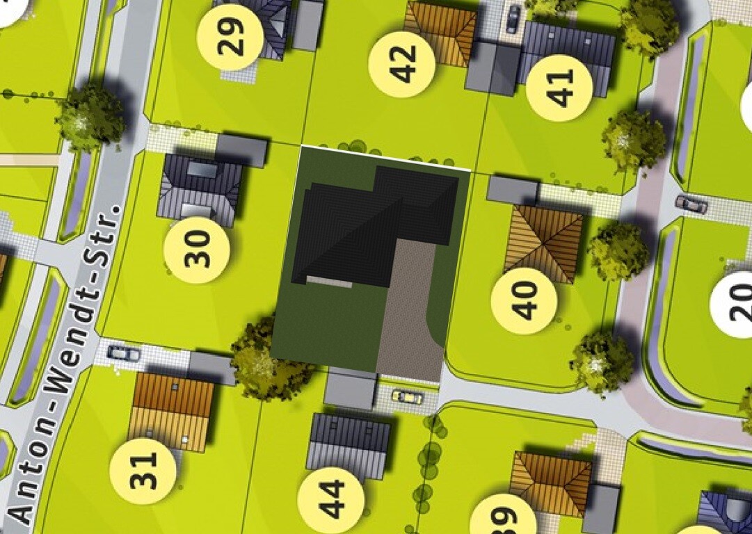 Luftbild eines Baugrundstücksplans mit Parzellen und zentralem Haus