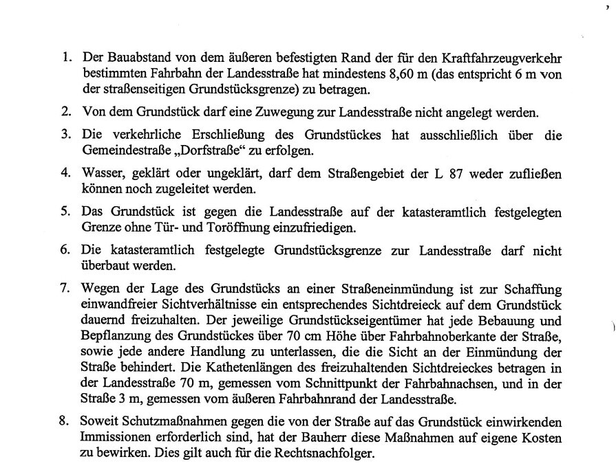 Gedruckte Seite mit Paragraphen 1–8 zu Bauabständen, Grundstücksgrenzen und Sichtverhältnissen.