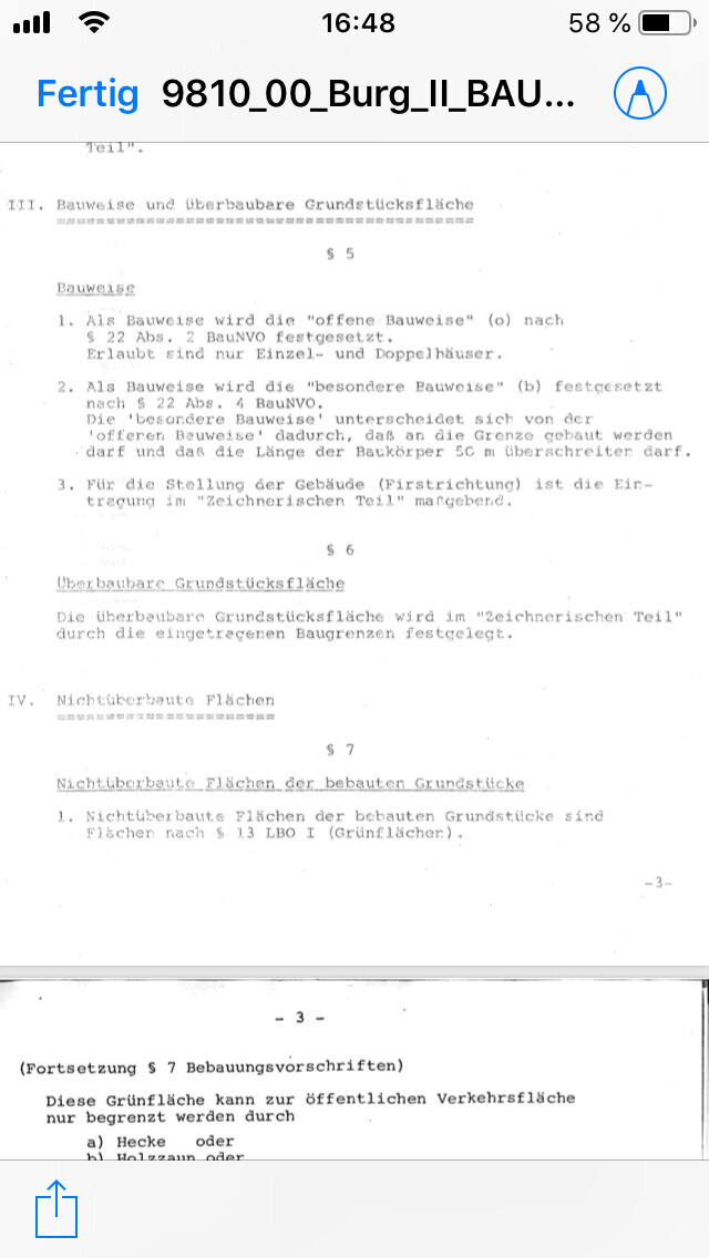 Scan eines Bau- und Grundstücksplanungsdokuments mit Paragraphen §5 und §6.