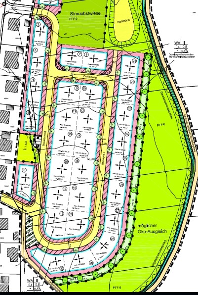 Lageplan eines Baugrundstücks mit Parzellen, Wegen und Grünflächen.