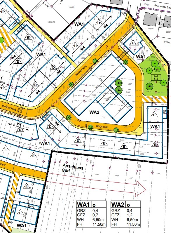 Lageplan eines Baugebiets mit Berliner Ring, Ringstraße, WA1/WA2 Zonen, Grünflächen.