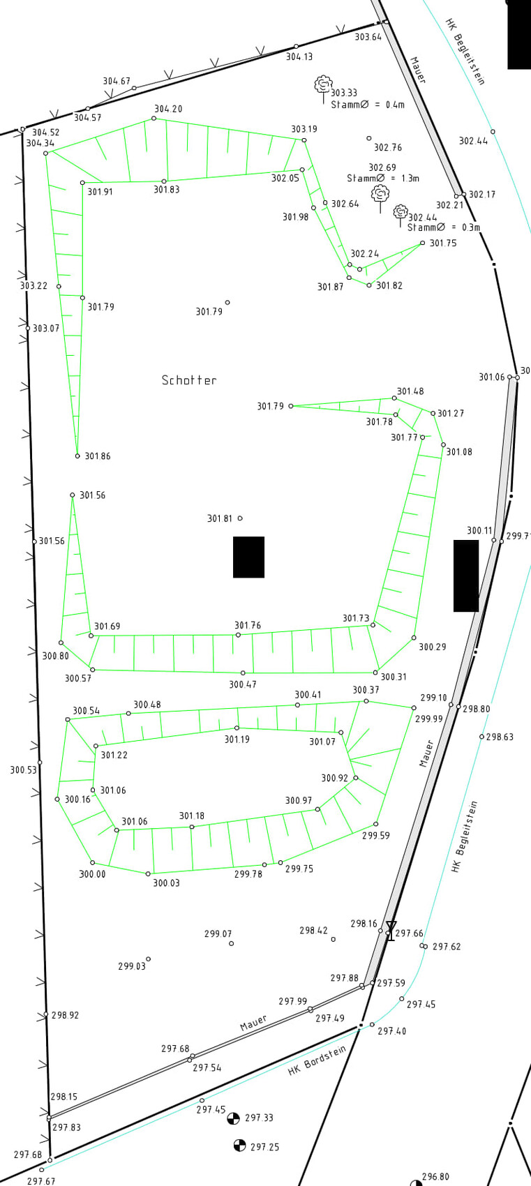 Lageplan eines Grundstücks mit Gartenanlagen, Kiesflächen, Wegen und Bäumen