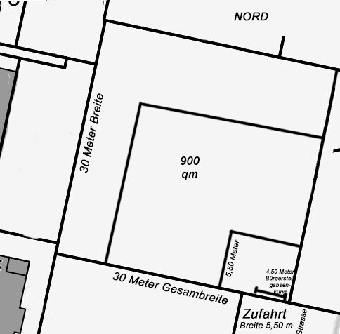 Grundstückslageplan mit Umrissen, 900 qm, Zufahrt und Grundstücksgrenzen