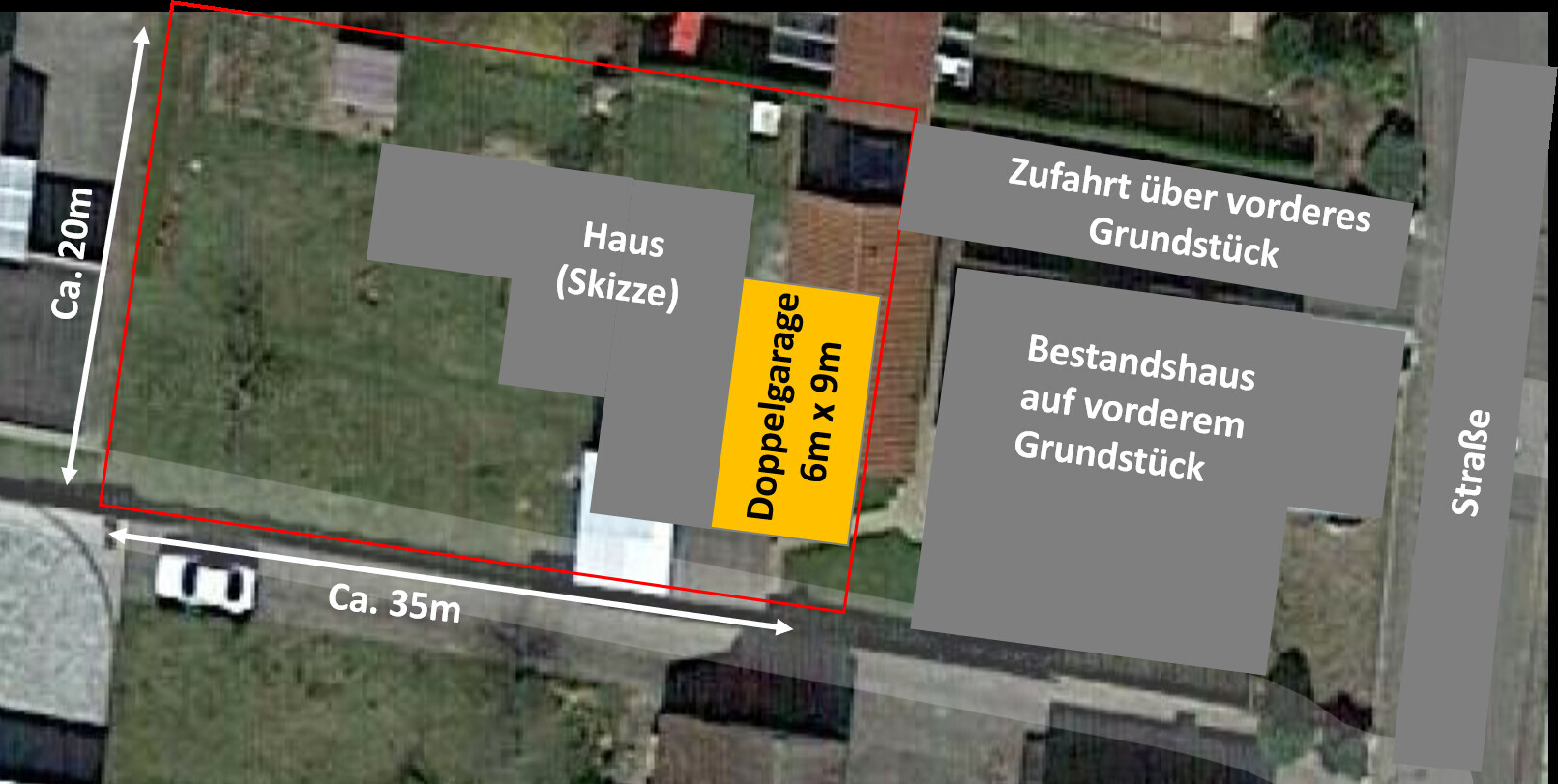 Grundstückslageplan: Haus (Skizze), gelbe Doppelgarage 6m×9m, Zufahrt, Bestandshaus, Straße rechts