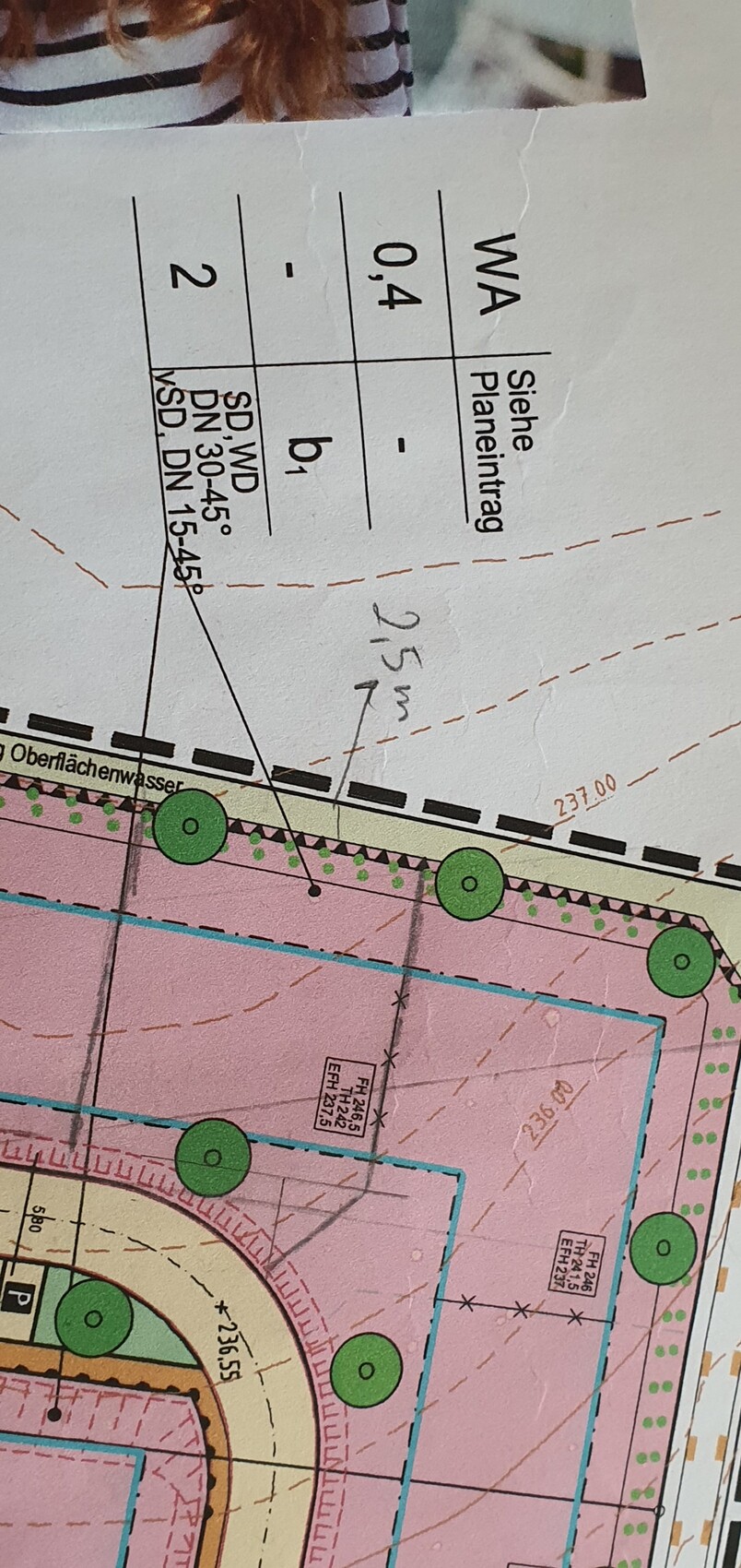 Lageplan eines Bauvorhabens: farbige Parzellen, grüne Bäume, Maßlinien und Grenzen.